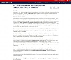 T.C. İçişleri Bakanlığı Tarafından Yayımlanan 65 Yaş ve Üstü ile Kronik Rahatsızlığı Olanlara Sokağa Çıkma Yasağı Ek Genelgesi Hakkında